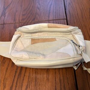 Vtg boho leather patchwork belt bag fanny waist pack 2 pockets cream champagne